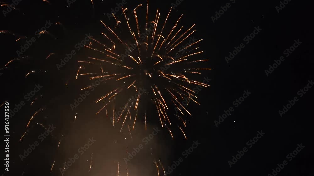 Amazing fireworks footage 4k resolution and loopable.  View of beautiful fireworks at feast of San Lorenzo in the Fiastra lake, Marche region, Italy