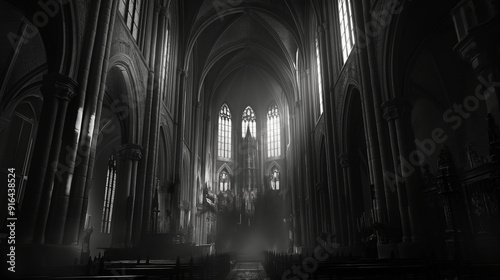 Old, dark cathedrals with ominous lighting and eerie, architectural details
