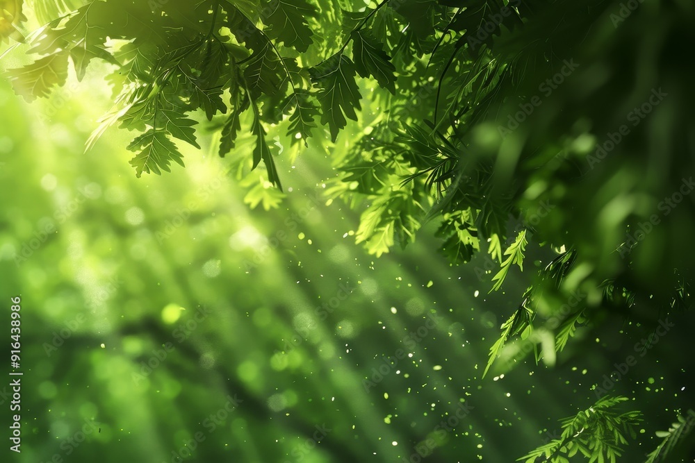 Abstract visualization of tranquil forest landscape with lush green canopy and sunlit clearings, representing woodland serenity Abstract visualization of tranquil forest landscape with lush green canopy and sunlit clearings, representing woodland serenity