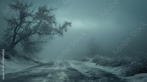 Frost-covered, eerie landscapes with dark, chilling elements and copy space