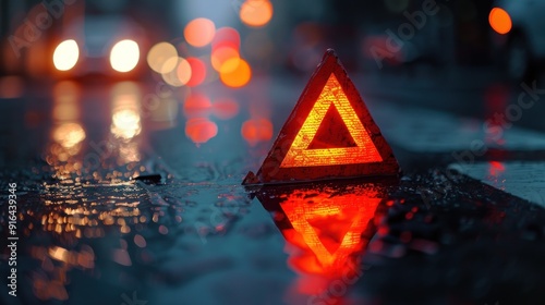 Red Triangle Warning Sign Reflecting in Puddle