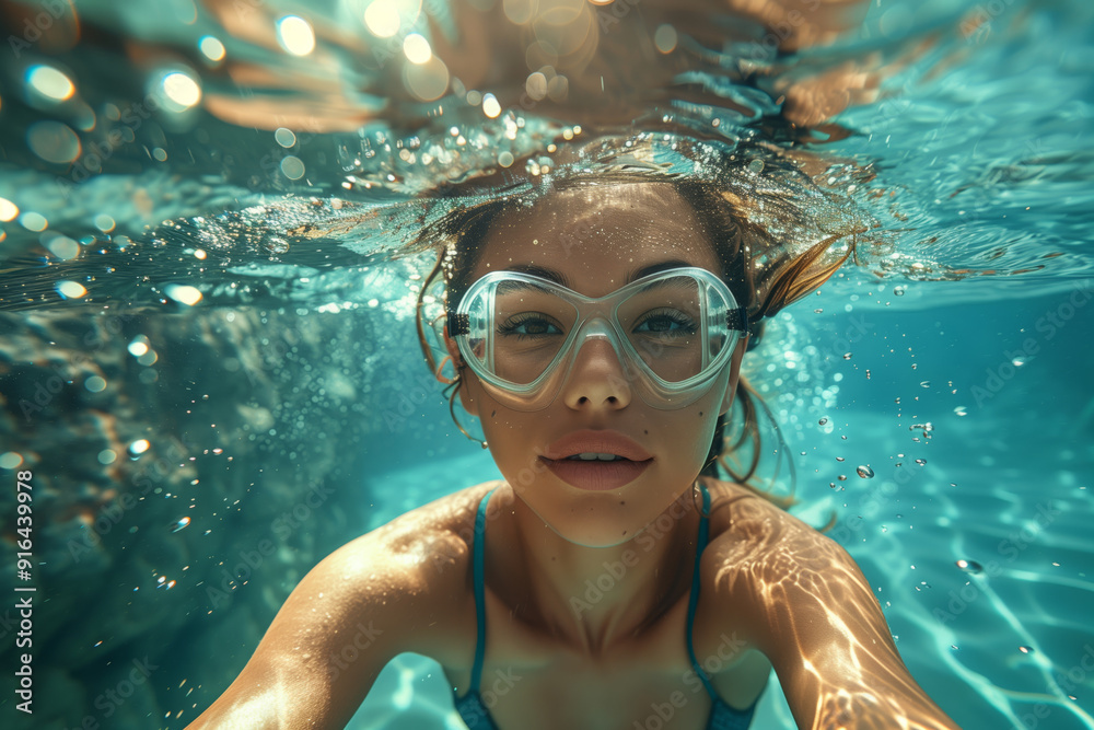 Fototapeta premium A Young Woman Diving Gracefully Into a Sparkling Swimming Pool Under the Sunlight in Spain