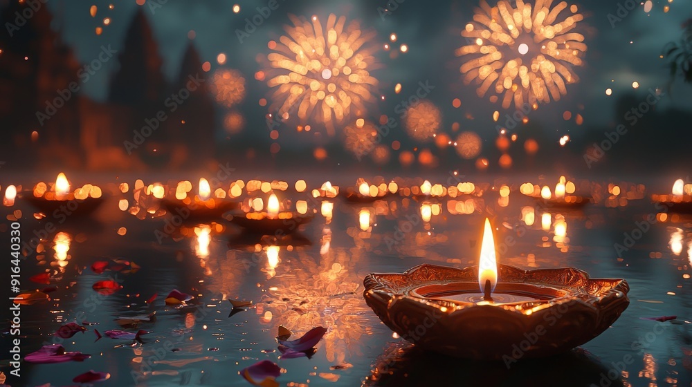 A vibrant and festive scene of Diwali celebration. The image features lit oil lamps and colorful fireworks against a dark night sky. A vibrant and festive scene of Diwali celebration. The image features lit oil lamps and colorful fireworks against a dark night sky.