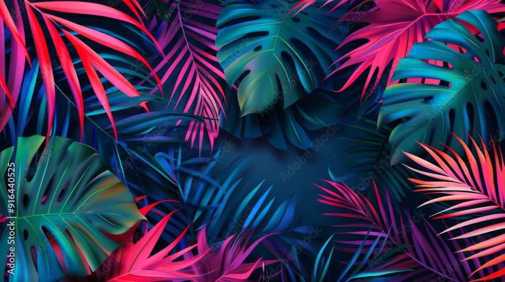 A colorful and eye-catching tropical wedding invitation featuring palm leaves and vibrant colors. Perfect for banner ads and marketing materials. A colorful and eye-catching tropical wedding invitation featuring palm leaves and vibrant colors. Perfect for banner ads and marketing materials.