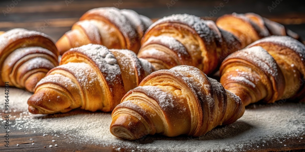 Golden-brown croissants with powdered sugar, close-up view, croissant, bakery, breakfast, fresh, delicious, pastry Golden-brown croissants with powdered sugar, close-up view, croissant, bakery, breakfast, fresh, delicious, pastry