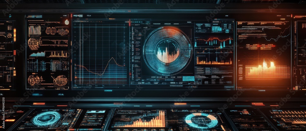 Fototapeta premium Futuristic digital interface with holographic GDP and inflation charts, data visualization, hightech financial analysis