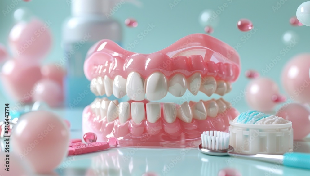 Obraz premium Dental Hygiene and Oral Care with Toothbrush and Denture
