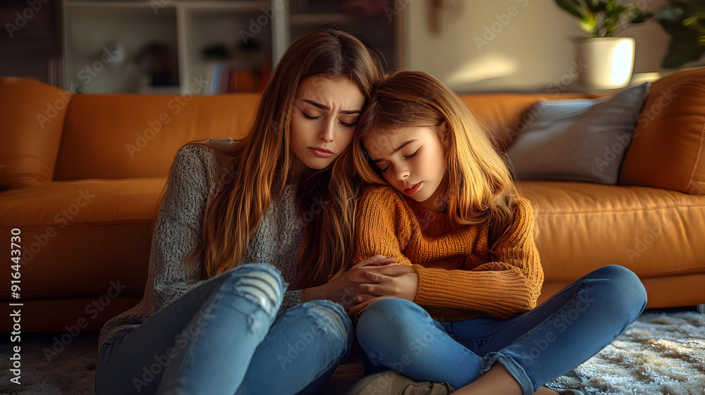 Two Sad Sisters Hugging on the Floor - Photo Two Sad Sisters Hugging on the Floor - Photo
