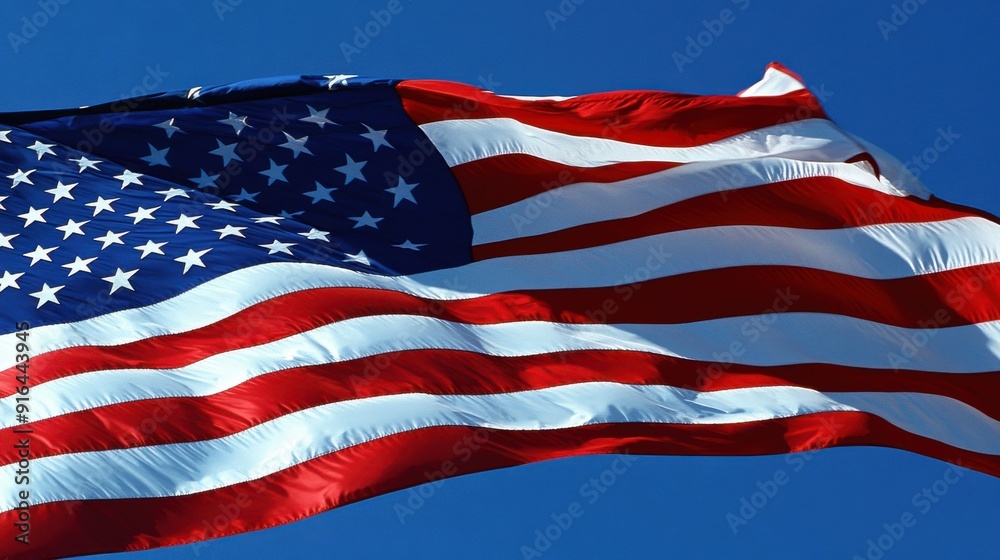 Fototapeta premium A close-up of an American flag waving in the wind against a clear blue sky, the stars and stripes clearly visible, symbolizing patriotism and freedom, evoking a sense of pride and national identity,