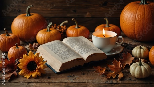 Cozy warm autumn composition with cup of hot tea, burning candle, open book and pumpkins on wooden background. Autumn home decor. Fall mood. Thanksgiving. Halloween