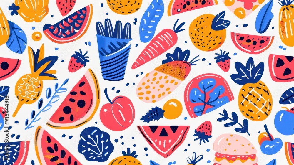 A lively arrangement of illustrated fruits and vegetables in bright colors on a white backdrop A lively arrangement of illustrated fruits and vegetables in bright colors on a white backdrop