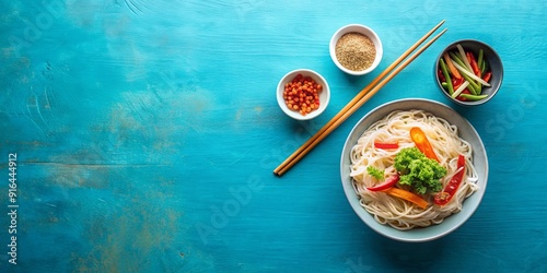 Chinese and Japanese food cooking with rice vermicelli, noodles and sticks on blue background top view mockup, Chinese photo