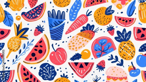 Wallpaper Mural A lively arrangement of illustrated fruits and vegetables in bright colors on a white backdrop Torontodigital.ca