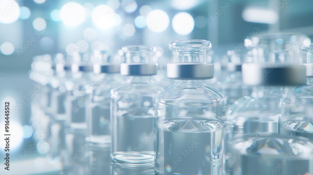 Close-up of Glass Bottles Filled with Clear Liquid in a Laboratory Setting Close-up of Glass Bottles Filled with Clear Liquid in a Laboratory Setting