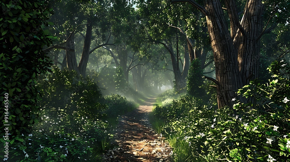 Pathway through the green forest with sunlight and lens flare effect Pathway through the green forest with sunlight and lens flare effect