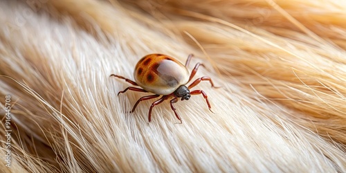 Close-up of a tick embedded in a dog's fur, tick, close-up, dog, fur, danger, illness, parasite, health care photo