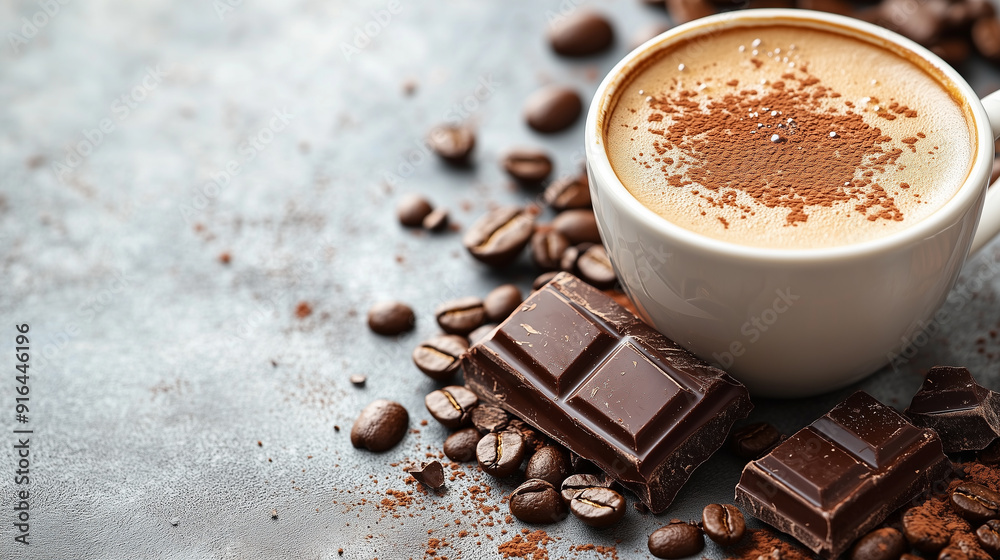 Cup of frothy coffee with chocolate and coffee beans on a textured surface Cup of frothy coffee with chocolate and coffee beans on a textured surface