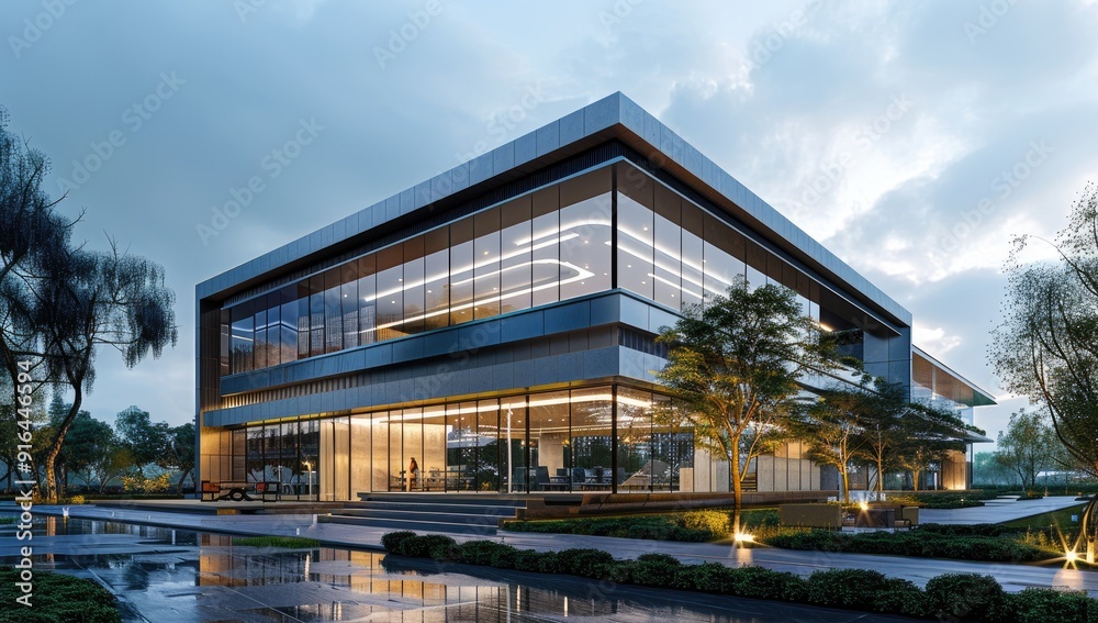 Modern Glass and Concrete Office Building at Twilight Modern Glass and Concrete Office Building at Twilight