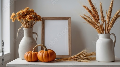 Empty frame mockup with wooden box of decorative pumpkins, vase of dry wheat on white table in nordic room interior photo