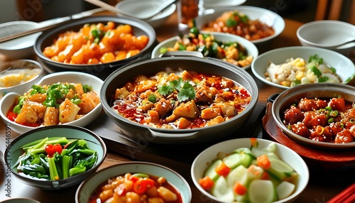 Rich and diverse Chinese dishes, brightly colored, beautifully placed, appeal to the appetite.