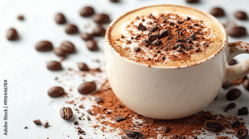 Close-up of a cappuccino topped with chocolate shavings and surrounded by scattered coffee beans Close-up of a cappuccino topped with chocolate shavings and surrounded by scattered coffee beans