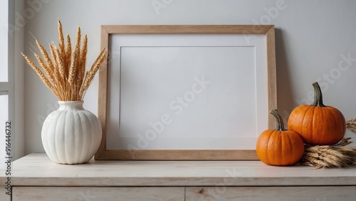 Empty frame mockup with wooden box of decorative pumpkins, vase of dry wheat on white table in nordic room interior 