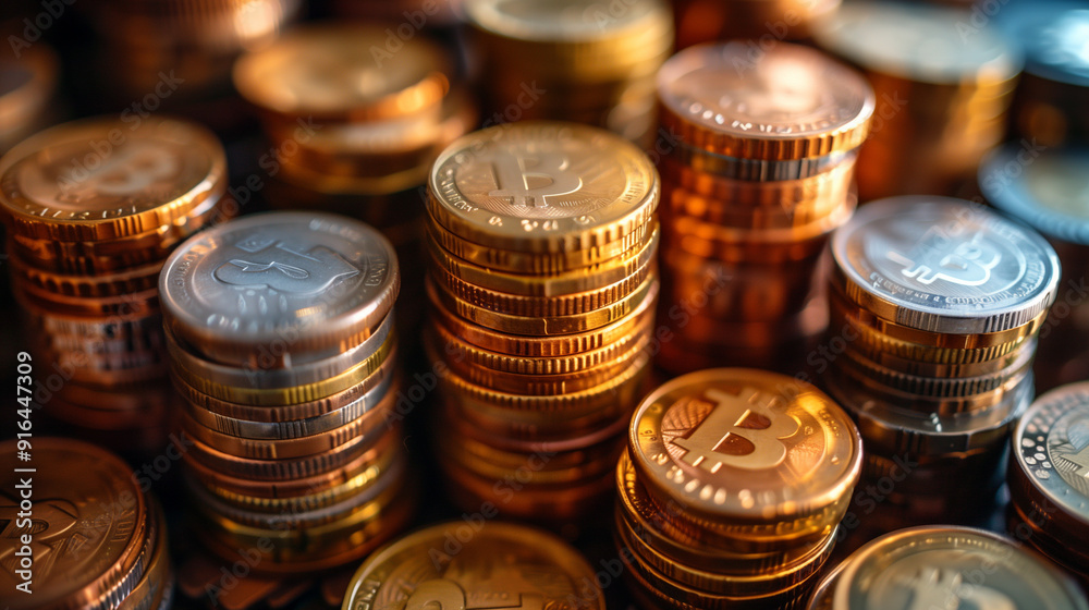 Bitcoin Stacks: A close-up shot of golden Bitcoin stacks, the symbol of digital currency, showcasing the potential for wealth and financial freedom. The image evokes a sense of prosperity, security, a Bitcoin Stacks: A close-up shot of golden Bitcoin stacks, the symbol of digital currency, showcasing the potential for wealth and financial freedom. The image evokes a sense of prosperity, security, a