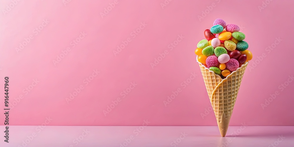 Ice cream cone topped with gummy candies on pastel pink background , dessert, sweet, treat, colorful, cone, ice cream, candy, gummy Ice cream cone topped with gummy candies on pastel pink background , dessert, sweet, treat, colorful, cone, ice cream, candy, gummy