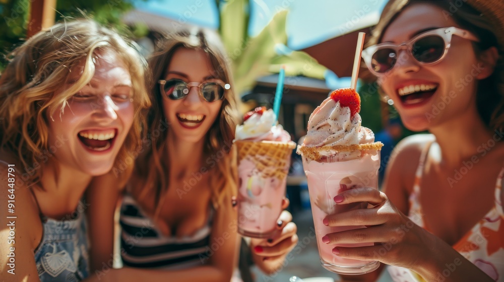 A group of friends enjoying ice cream floats at an outdoor party A group of friends enjoying ice cream floats at an outdoor party