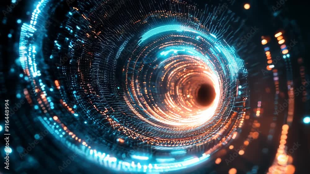 Luminous data particles surge through a cylindrical void. Blue and orange light trails spiral against a dark backdrop, creating a sense of digital information flow. 