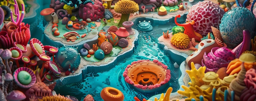 High-angle view of a whimsical fantasy landscape High-angle view of a whimsical fantasy landscape