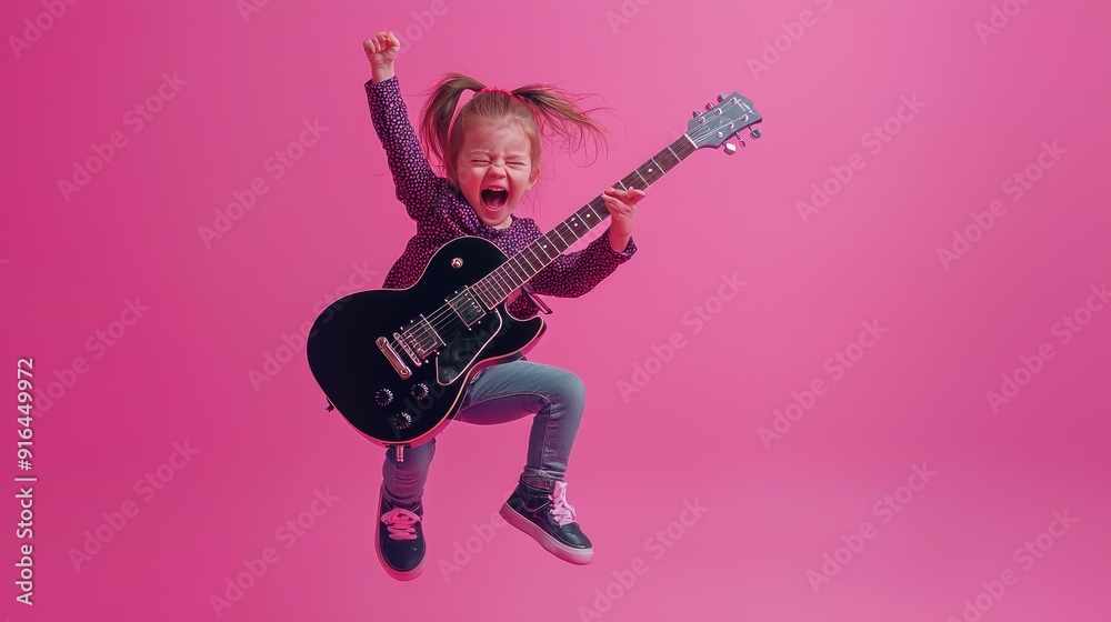 Excited Little Girl Jumping While Playing a Black Electric Guitar Excited Little Girl Jumping While Playing a Black Electric Guitar