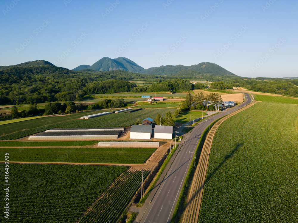 Niseko, Japan: Aerial view of the road surrounded by fields and farm with the Shiribetsu volcano near Makkari in Hokkaido in summer late afternoon
