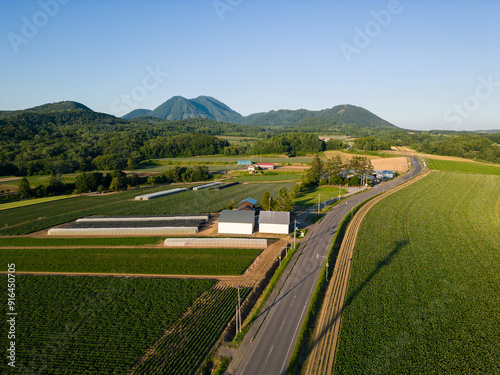 Obraz na płótnie Niseko, Japan: Aerial view of the road surrounded by fields and farm with the Shiribetsu volcano near Makkari in Hokkaido in summer late afternoon w salonie