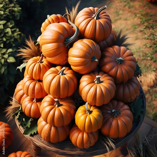 Generative AI illustration of from above of harvest of ripe orange pumpkins placed together on top of each other photo