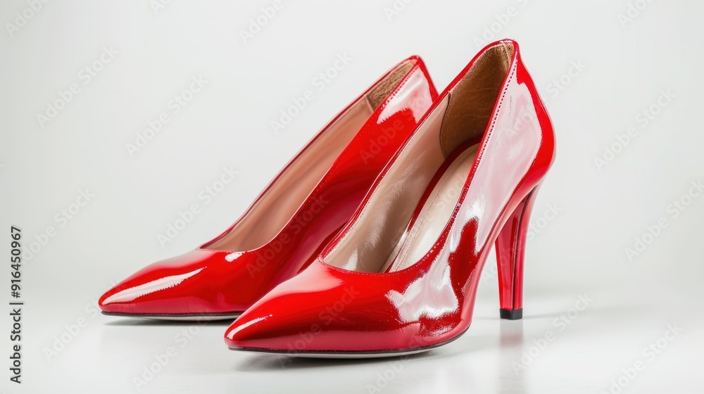 A pair of red women`s high-heeled shoes on white background A pair of red women`s high-heeled shoes on white background