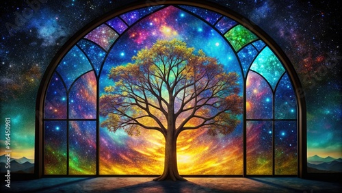 Colorful stained glass window with a majestic tree silhouette against a starry night sky