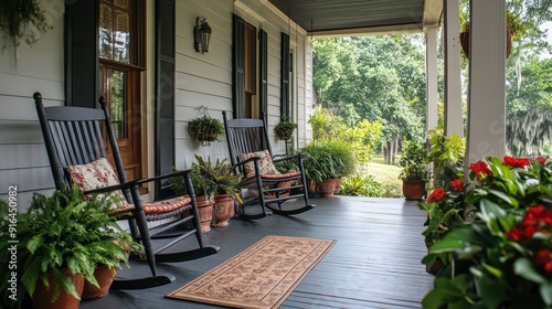 Charming front porch with rocking chairs  potted plants and a warm atmosphere. T