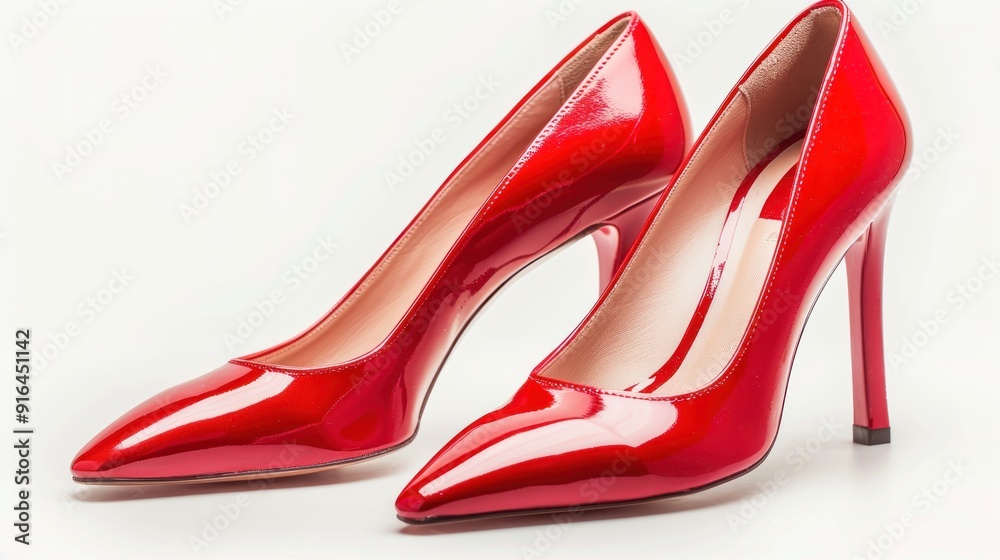 A pair of red women`s high-heeled shoes on white background A pair of red women`s high-heeled shoes on white background