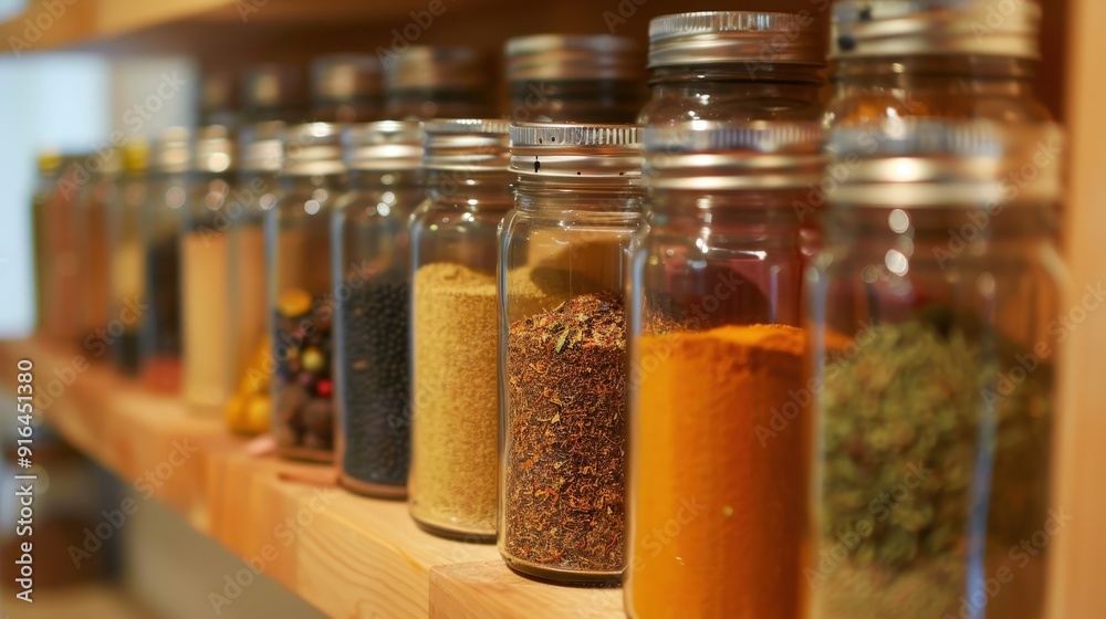 A vibrant and organized spice rack in the kitchen, featuring jars of spices labeled and arranged for easy access while cooking. A vibrant and organized spice rack in the kitchen, featuring jars of spices labeled and arranged for easy access while cooking.