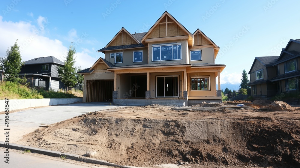 A construction site with a house nearing completion, with windows and doors being installed. A construction site with a house nearing completion, with windows and doors being installed.