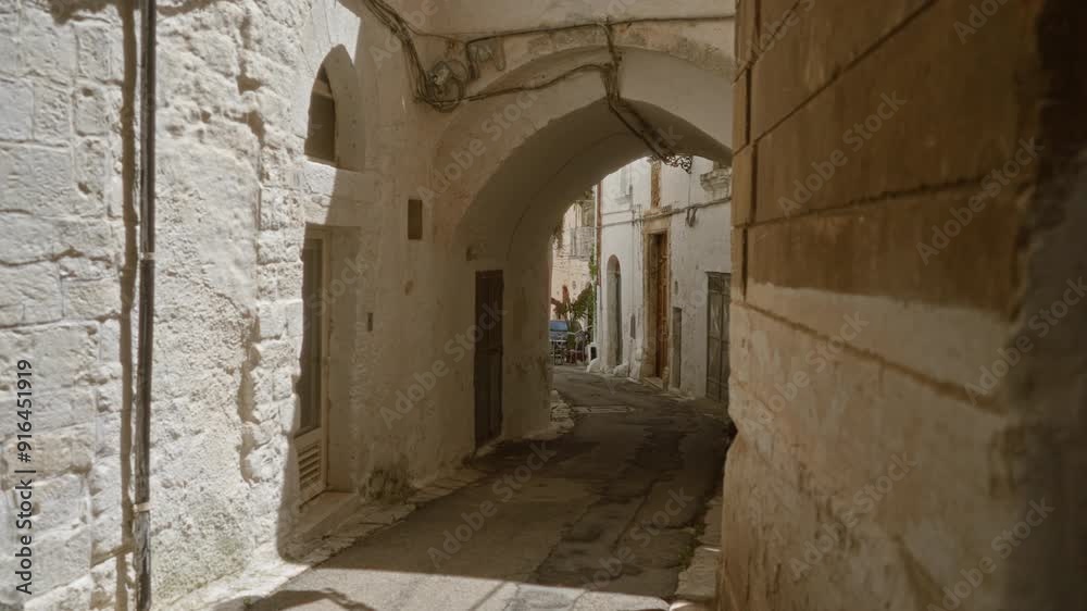 A narrow, empty alleyway lined with stone buildings and arched corridors in the historical town of ostuni, puglia, italy on a sunny day. A narrow, empty alleyway lined with stone buildings and arched corridors in the historical town of ostuni, puglia, italy on a sunny day.