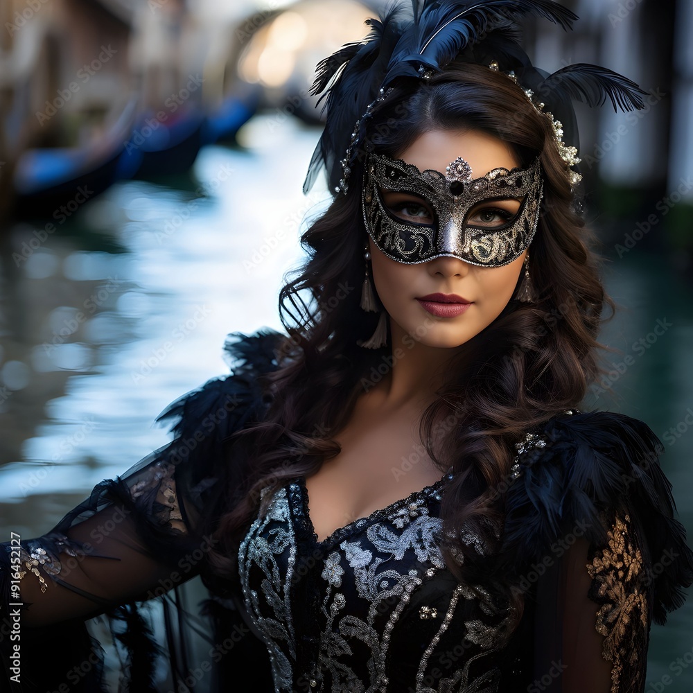 young woman at venetian masquerade with ornate mask young woman at venetian masquerade with ornate mask