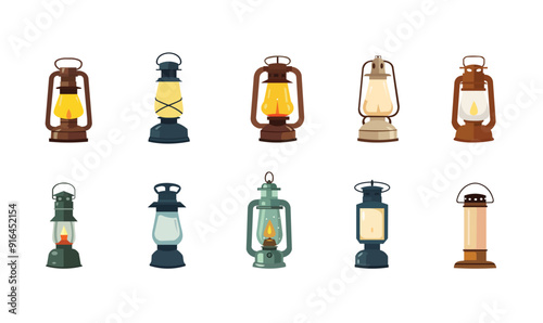 Vintage oil lantern vector set, kerosene lamp vector illustration, retro camping lamp collection, old gas lamp clip art, isolated on white background
