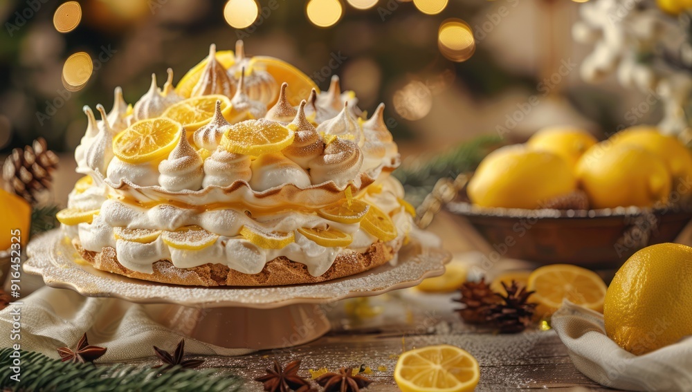 Lemon Meringue Cake with Festive Decorations