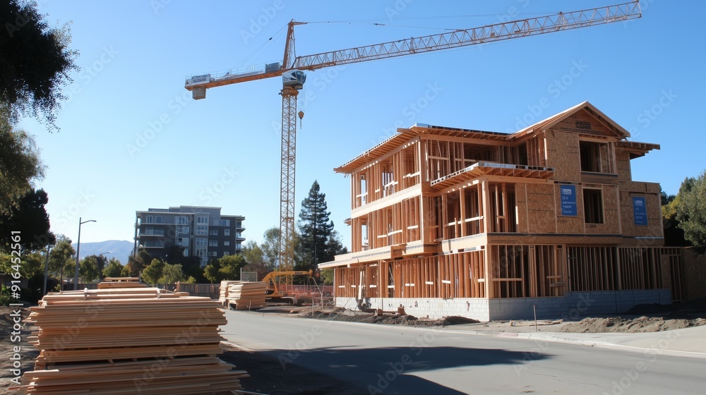 construction site with heavy machinery and cranes set against a backdrop of a cloudless blue sky. construction site with heavy machinery and cranes set against a backdrop of a cloudless blue sky.