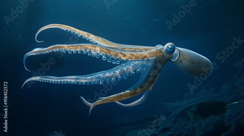A giant squid swimming in the deep ocean, tentacles trailing behind photo