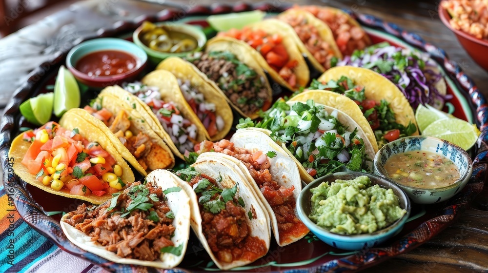 A vibrant taco platter with an assortment of fillings, fresh salsa, guacamole, and lime wedges, showcasing the flavors of Mexican cuisine. A vibrant taco platter with an assortment of fillings, fresh salsa, guacamole, and lime wedges, showcasing the flavors of Mexican cuisine.