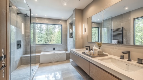 Contemporary bathroom with a sleek design, modern fixtures, and a walk-in shower. The minimalist aesthetic focuses on clean lines and high-quality materials.