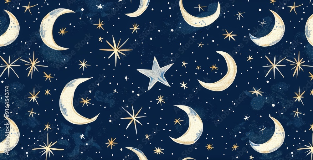 A whimsical pattern featuring hand-drawn stars and moons scattered across a navy blue background. The design evokes a sense of wonder and magic A whimsical pattern featuring hand-drawn stars and moons scattered across a navy blue background. The design evokes a sense of wonder and magic